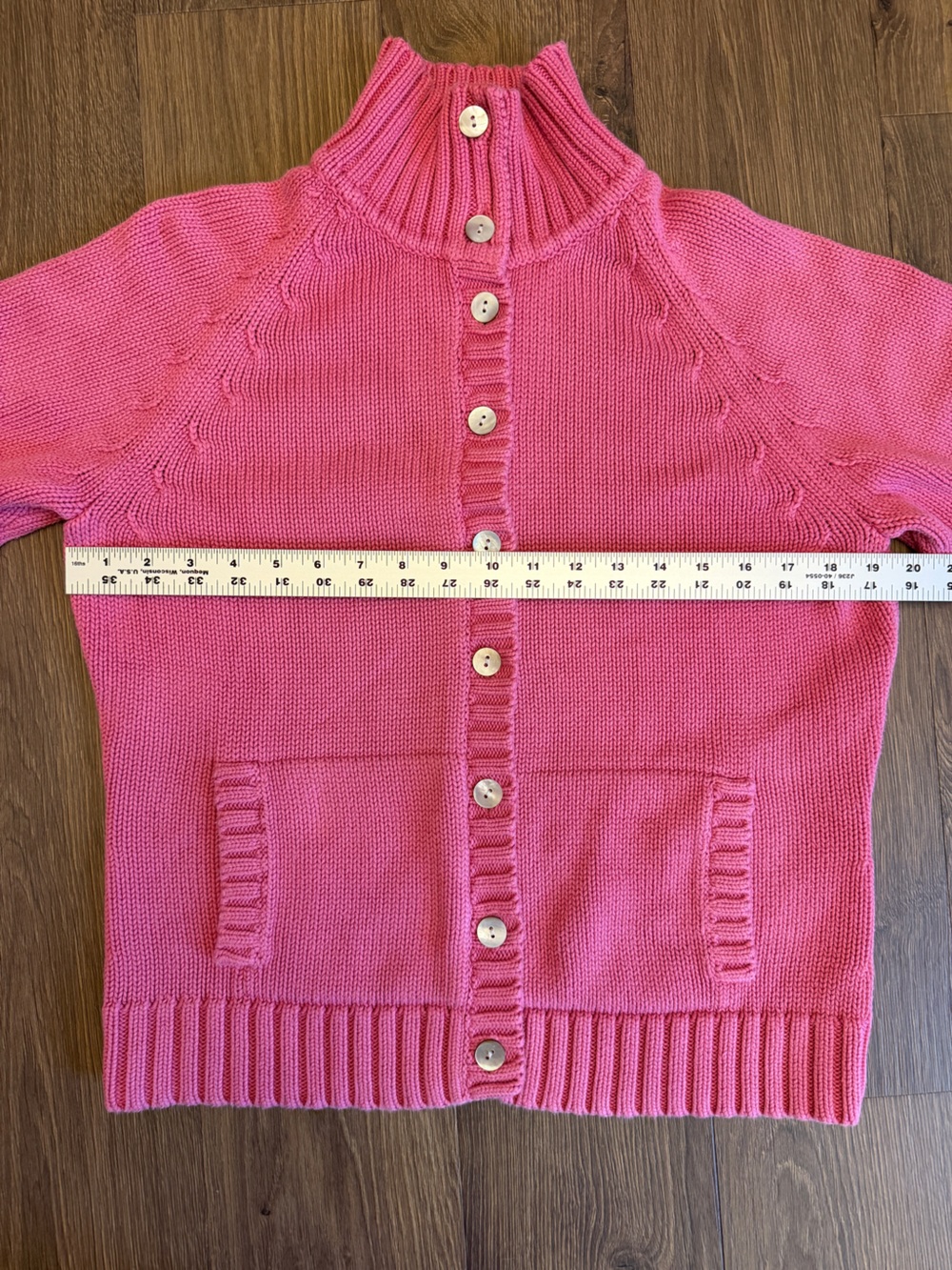 Vintage 90s Lands’ End Pink Cotton Cardigan Sweater L/P 14-16 Knit Fisherman - Picture 9 of 11